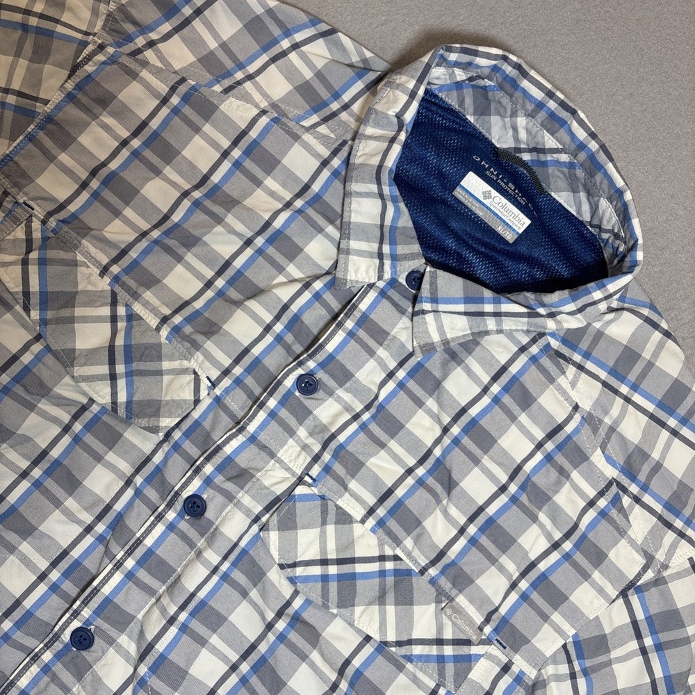 Columbia Omni Shade Shirt Mens (XL) Sun Protection Gray Blue Plaid Hiking Fish